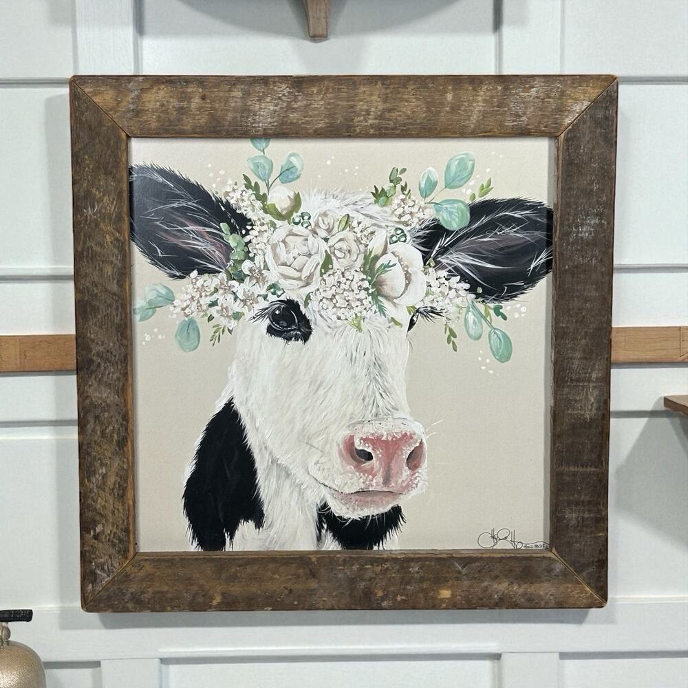 Hollihocks Art Patience the Cow Rustic Wood Frame Wall Art‎ 13.5" x 13.5" Farm